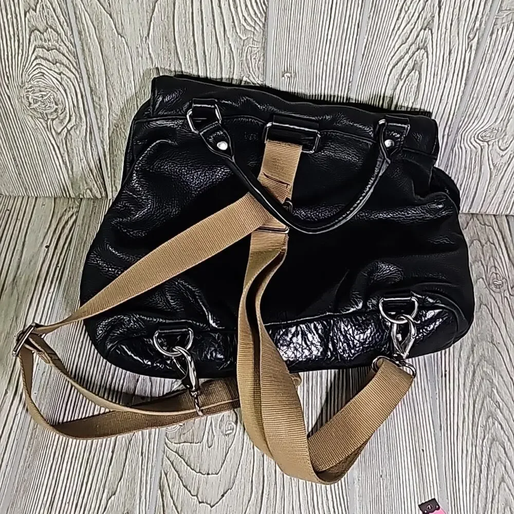 Margot Black Leather Zipper Flap Hobo Backpack Khaki Straps